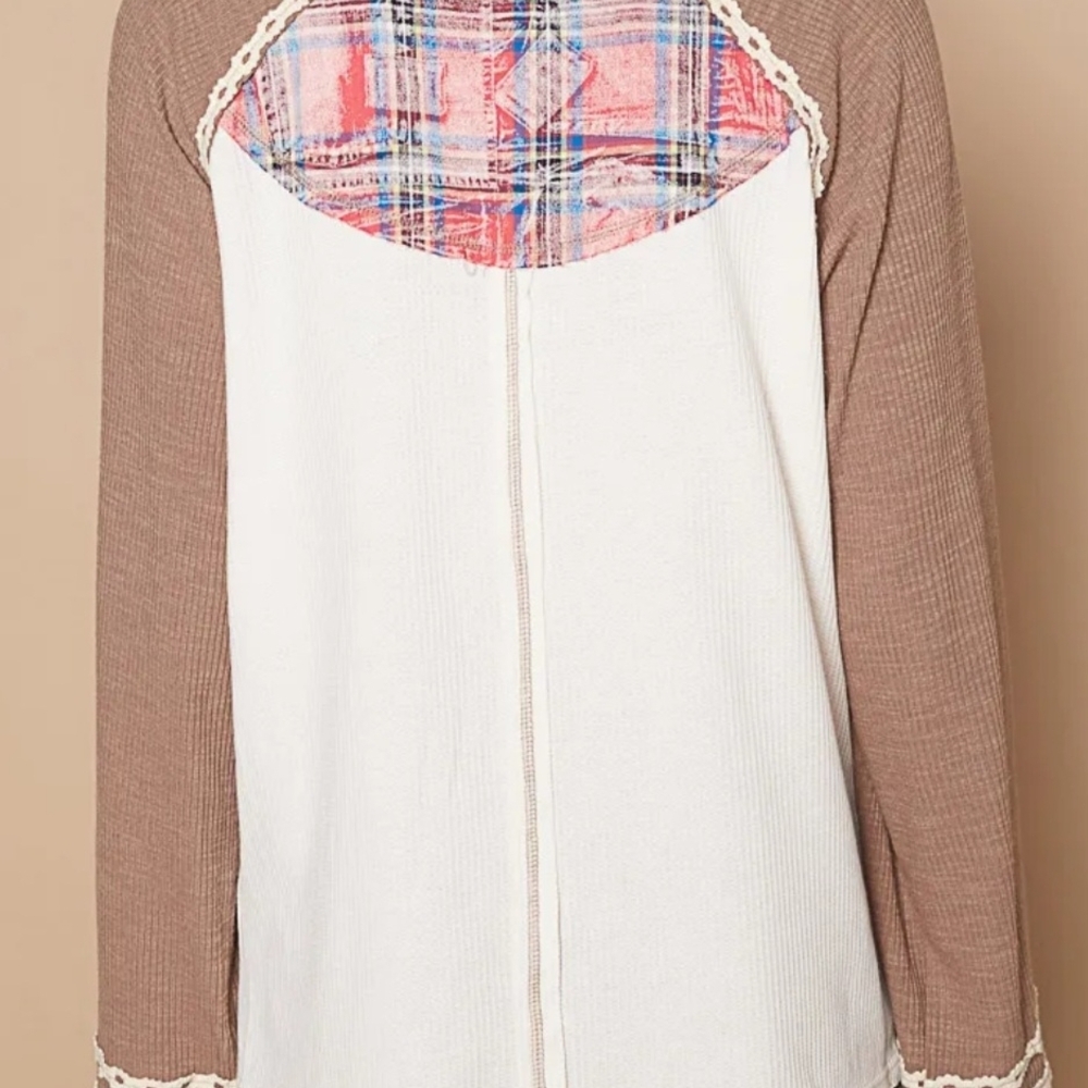 P103 NWT POL Mocha Brown Raglan Long Sleeve Top Plaid Accents Ribbed Sm Md Lg - Picture 3 of 8